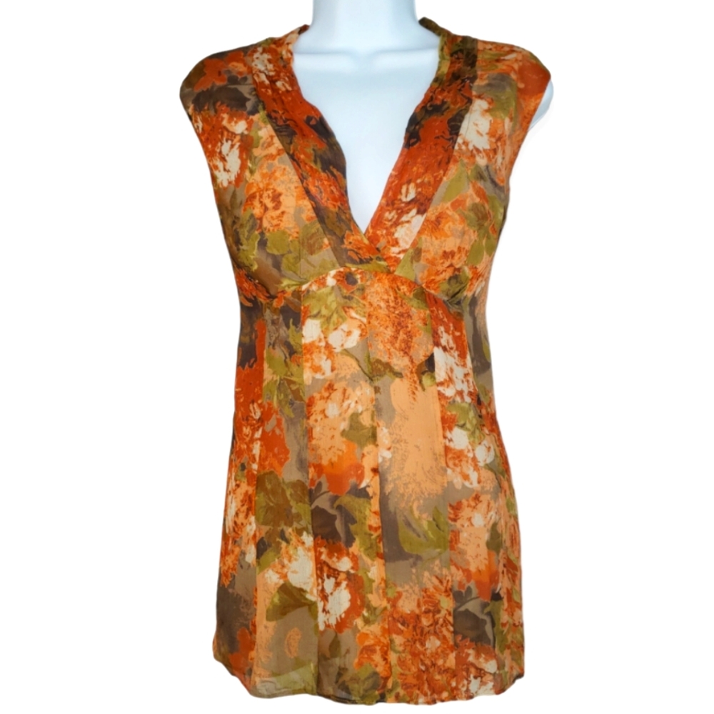 NWOT Coldwater Creek orange green tan & cream fall silk blouse top Womens Large